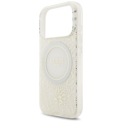 Pouzdro MagSafe pro Apple iPhone 17 Pro, Guess, IML Flowers Allover Electroplated with Pearl Strap, Bílá