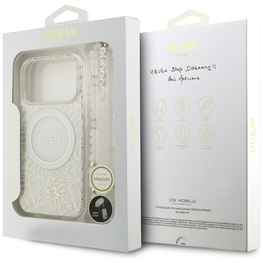 Pouzdro MagSafe pro Apple iPhone 17 Pro, Guess, IML Flowers Allover Electroplated with Pearl Strap, Bílá