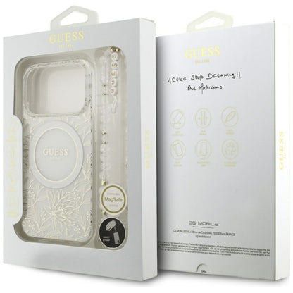Pouzdro MagSafe pro Apple iPhone 17 Pro, Guess, IML Flowers Allover Electroplated with Pearl Strap, Bílá