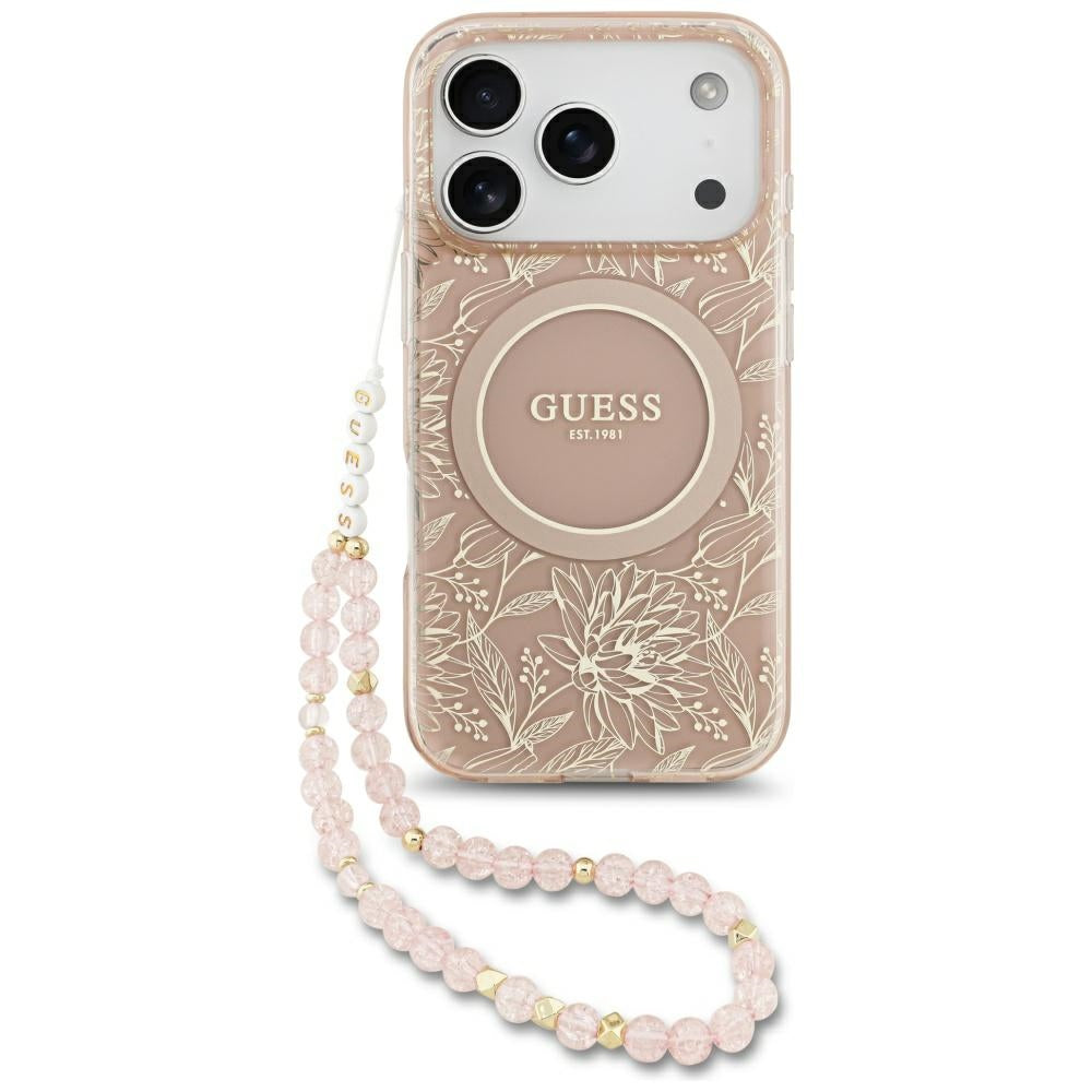 Pouzdro MagSafe pro Apple iPhone 17 Pro, Guess, IML Flowers Allover Electroplated with Pearl Strap, Růžové