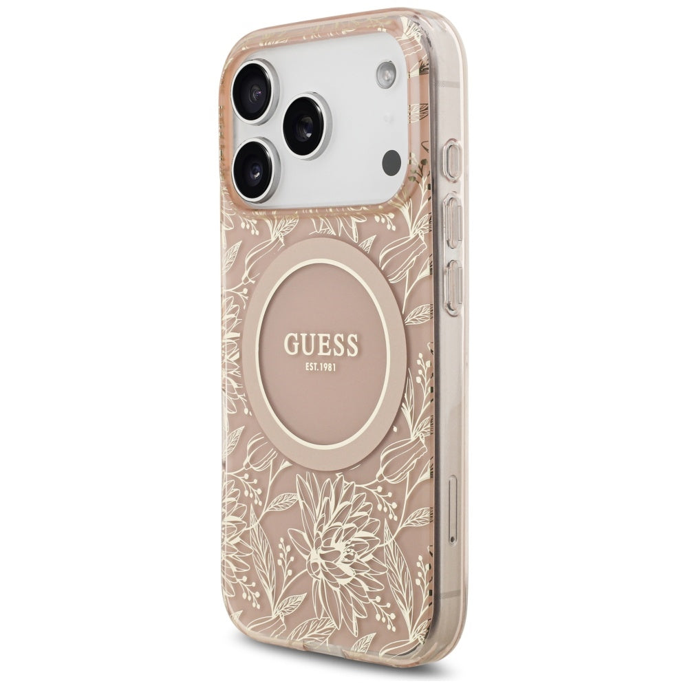 Pouzdro MagSafe pro Apple iPhone 17 Pro, Guess, IML Flowers Allover Electroplated with Pearl Strap, Růžové