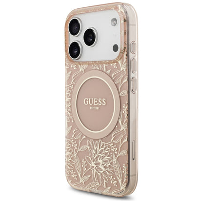 Pouzdro MagSafe pro Apple iPhone 17 Pro, Guess, IML Flowers Allover Electroplated with Pearl Strap, Růžové