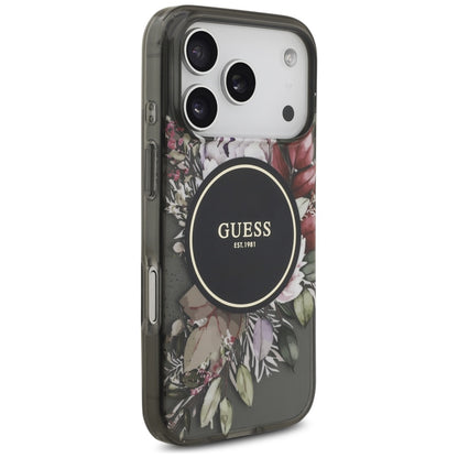 Pouzdro MagSafe pro Apple iPhone 17 Pro, Guess, IML Flowers with Pearl Strap, Černá