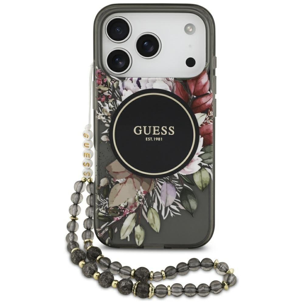 Pouzdro MagSafe pro Apple iPhone 17 Pro, Guess, IML Flowers with Pearl Strap, Černá