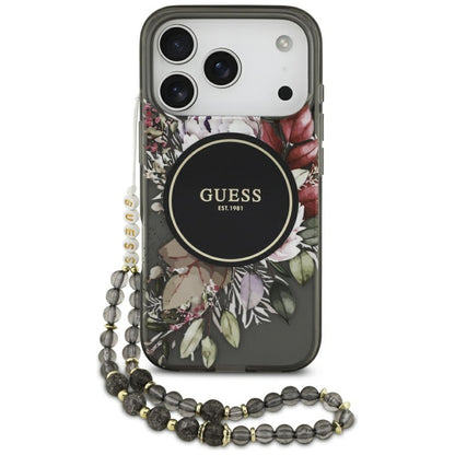 Pouzdro MagSafe pro Apple iPhone 17 Pro, Guess, IML Flowers with Pearl Strap, Černá