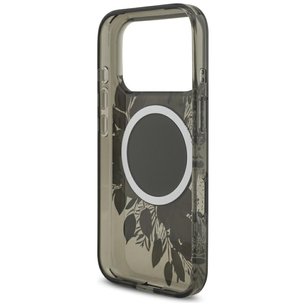 Pouzdro MagSafe pro Apple iPhone 17 Pro, Guess, IML Flowers with Pearl Strap, Černá