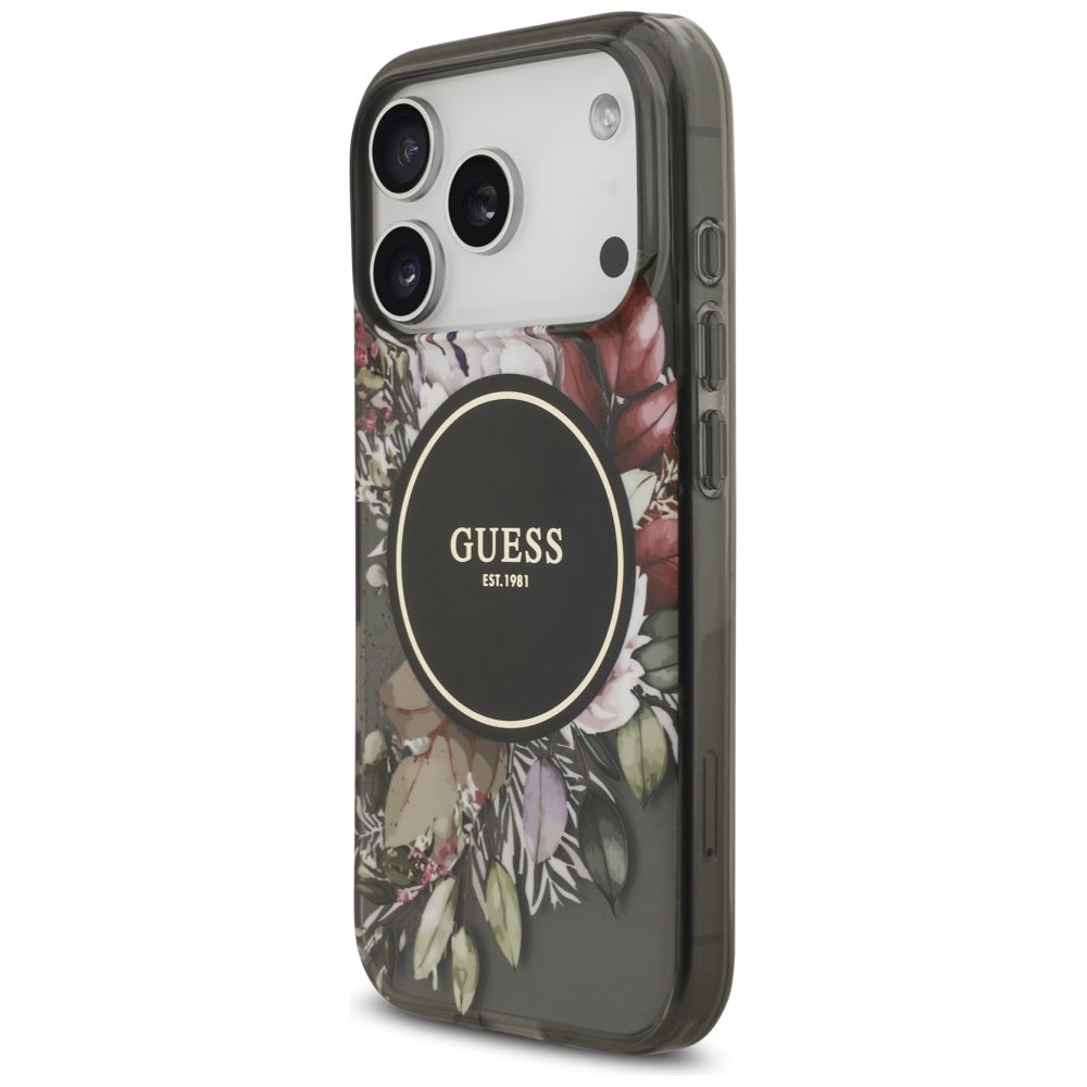Pouzdro MagSafe pro Apple iPhone 17 Pro, Guess, IML Flowers with Pearl Strap, Černá