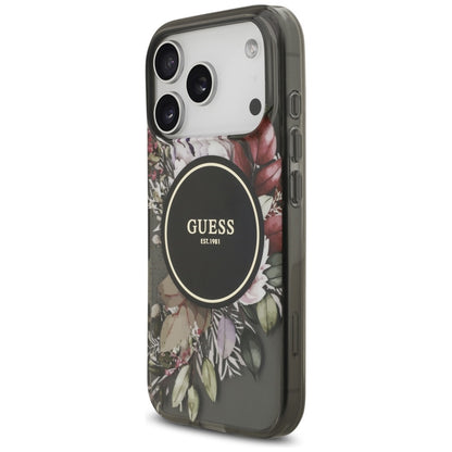 Pouzdro MagSafe pro Apple iPhone 17 Pro, Guess, IML Flowers with Pearl Strap, Černá