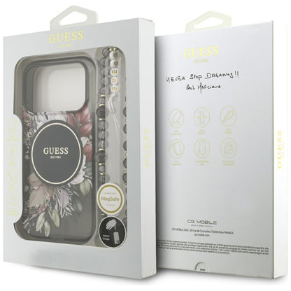 Pouzdro MagSafe pro Apple iPhone 17 Pro, Guess, IML Flowers with Pearl Strap, Černá