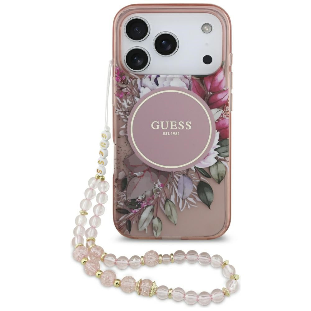 Pouzdro MagSafe pro Apple iPhone 17 Pro, Guess, IML Flowers with Pearl Strap, Růžové