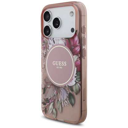 Pouzdro MagSafe pro Apple iPhone 17 Pro, Guess, IML Flowers with Pearl Strap, Růžové