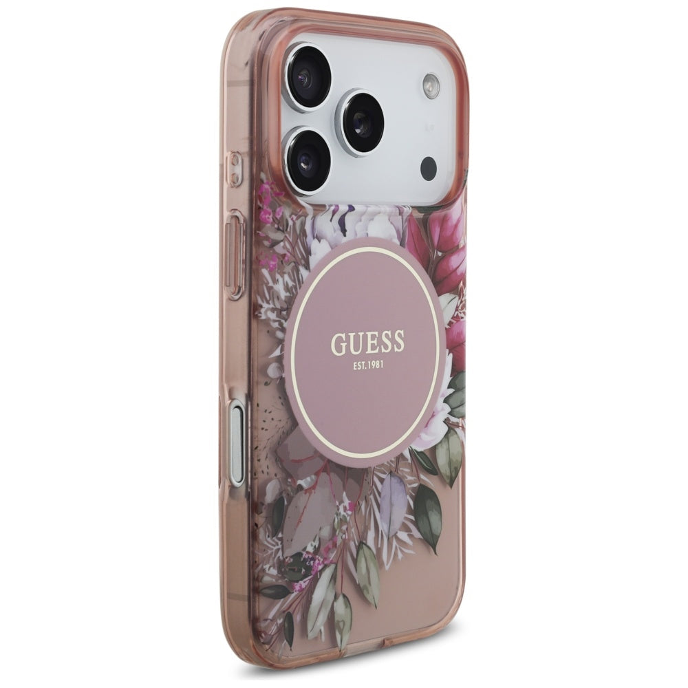 Pouzdro MagSafe pro Apple iPhone 17 Pro, Guess, IML Flowers with Pearl Strap, Růžové