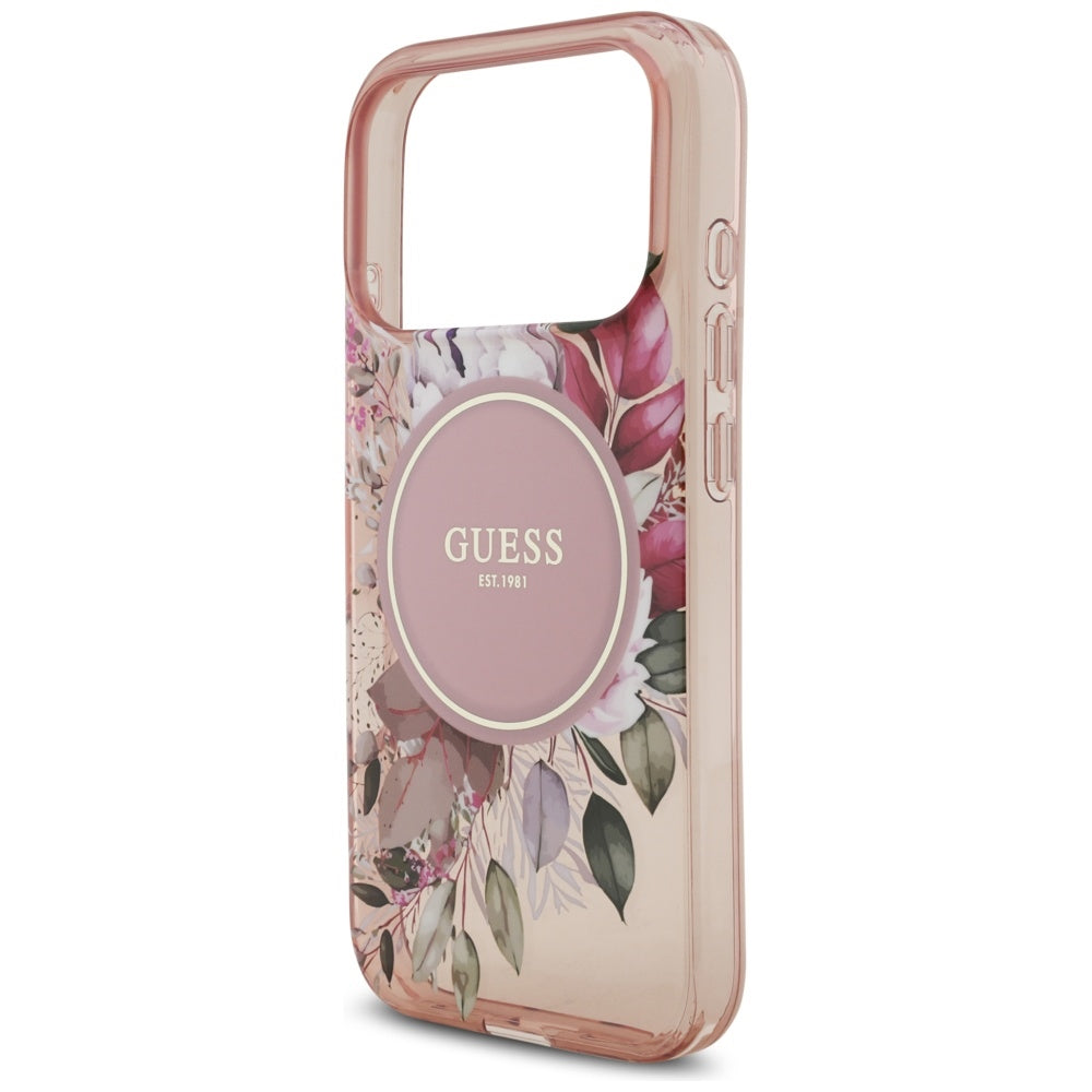 Pouzdro MagSafe pro Apple iPhone 17 Pro, Guess, IML Flowers with Pearl Strap, Růžové
