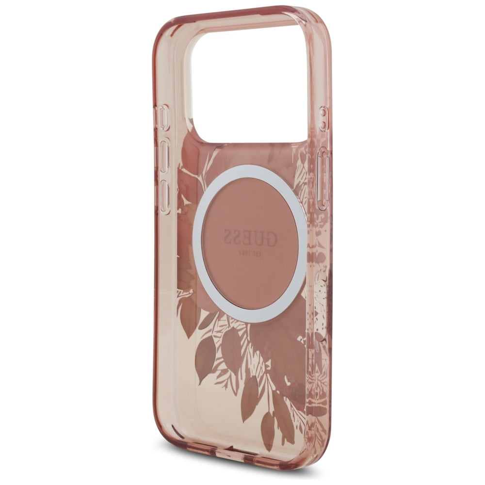 Pouzdro MagSafe pro Apple iPhone 17 Pro, Guess, IML Flowers with Pearl Strap, Růžové