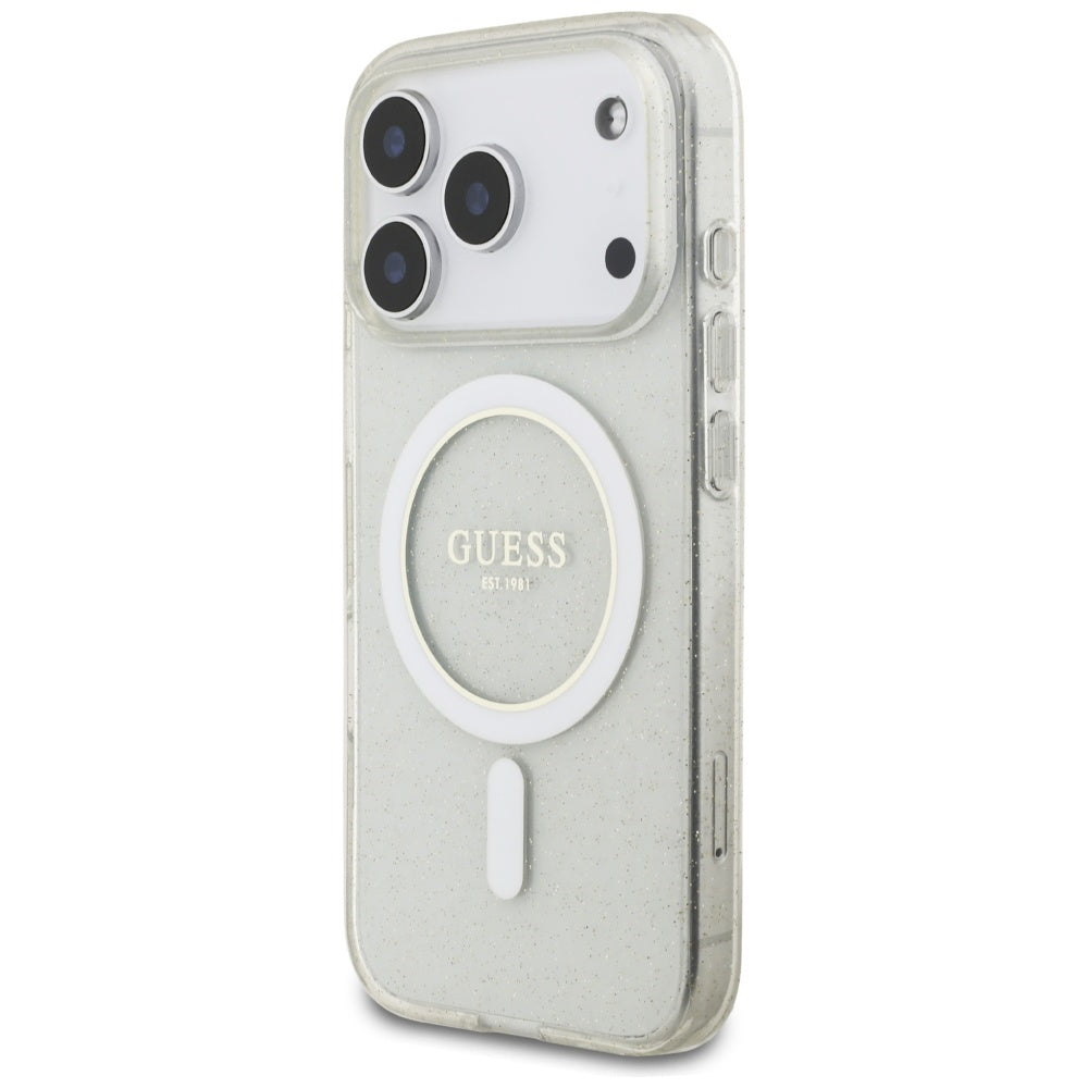 Pouzdro MagSafe pro Apple iPhone 17 Pro, Guess, IML Glitter with Pearl Strap, Transparentní