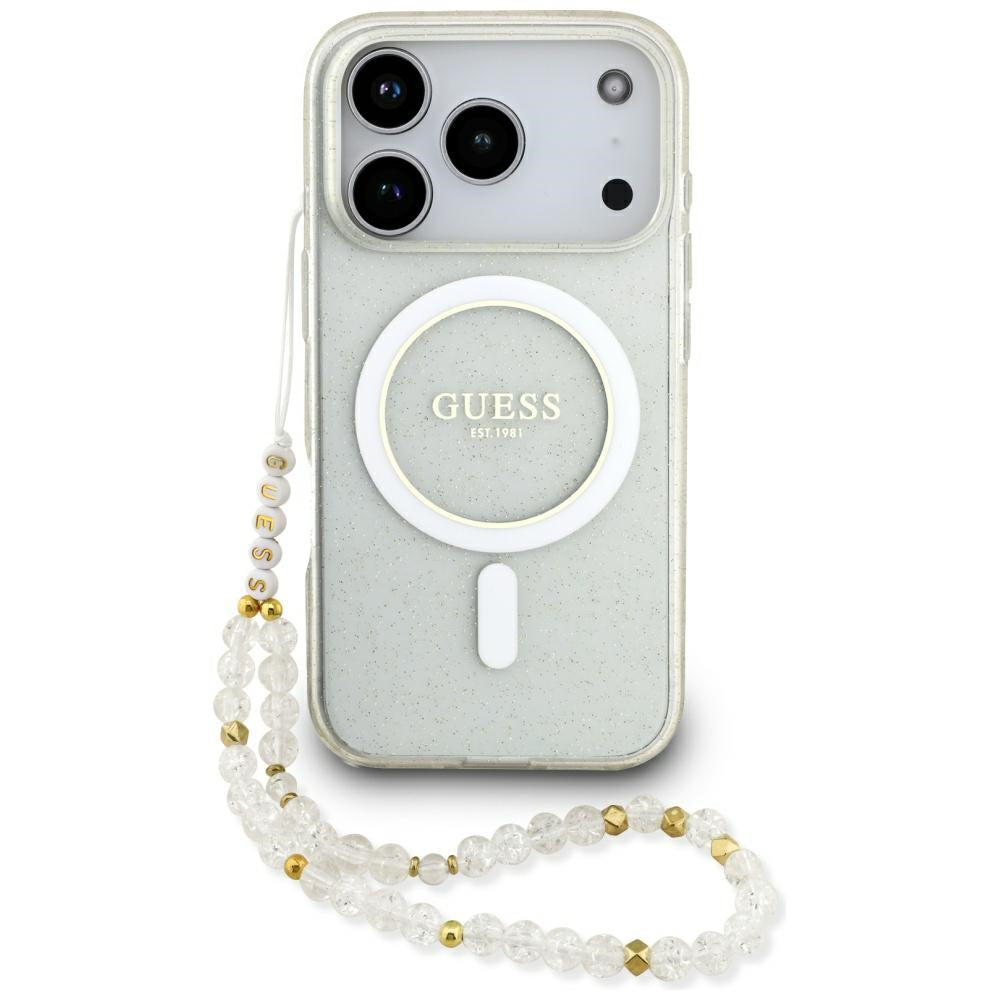 Pouzdro MagSafe pro Apple iPhone 17 Pro, Guess, IML Glitter with Pearl Strap, Transparentní