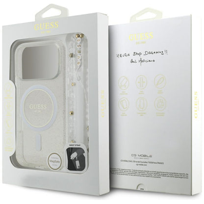 Pouzdro MagSafe pro Apple iPhone 17 Pro, Guess, IML Glitter with Pearl Strap, Transparentní