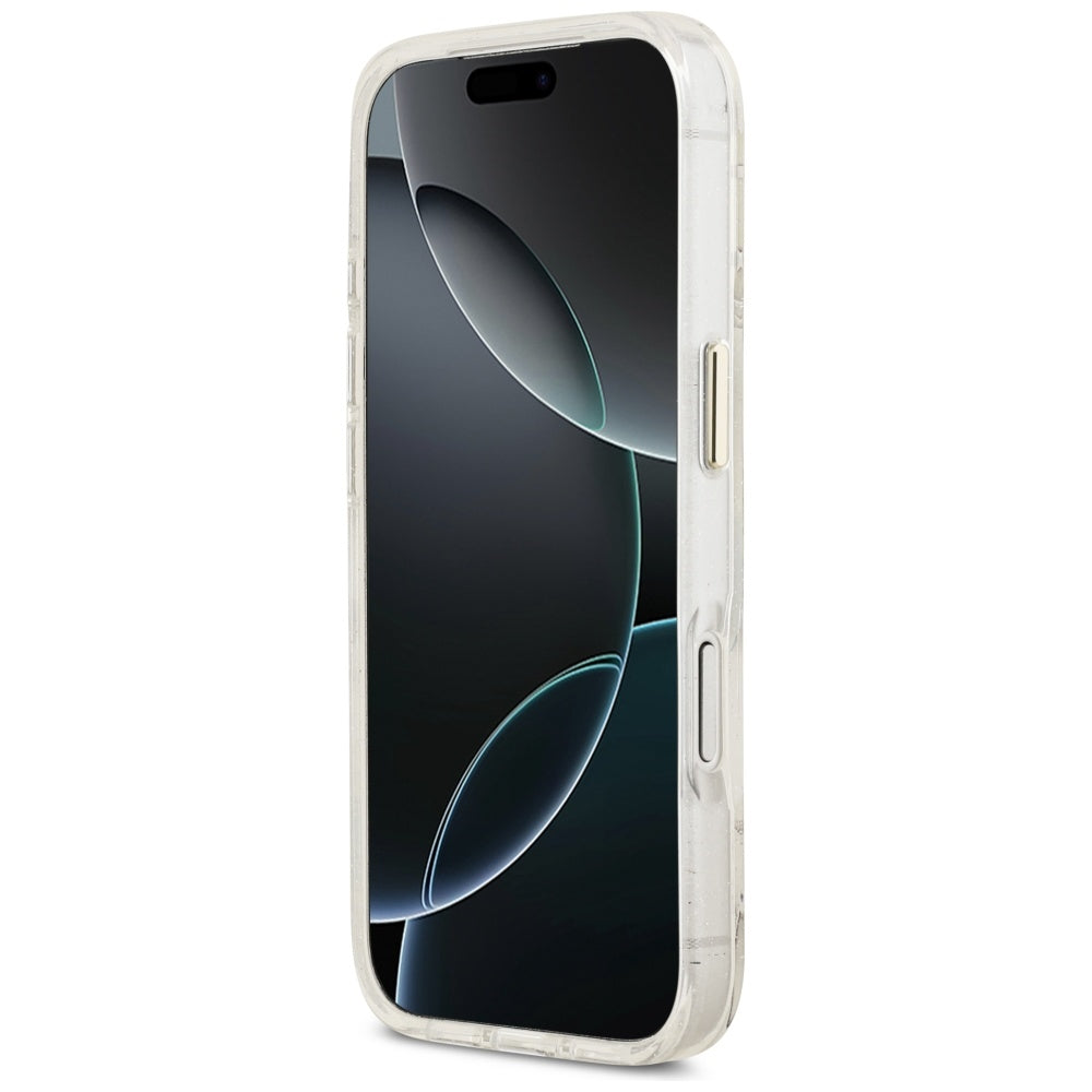 Pouzdro MagSafe pro Apple iPhone 17 Pro, Guess, IML Metal Glitter Flowers Triangle, Bílá