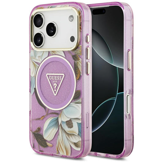 Pouzdro MagSafe pro Apple iPhone 17 Pro, Guess, IML Metal Glitter Flowers Triangle, Fialová