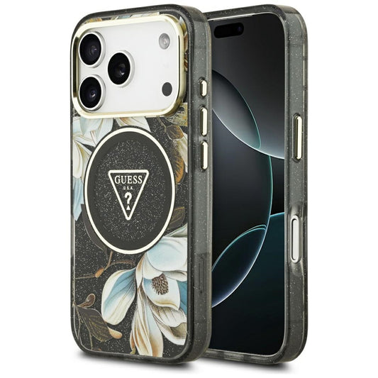 Pouzdro MagSafe pro Apple iPhone 17 Pro, Guess, IML Metal Glitter Flowers Triangle, Černá