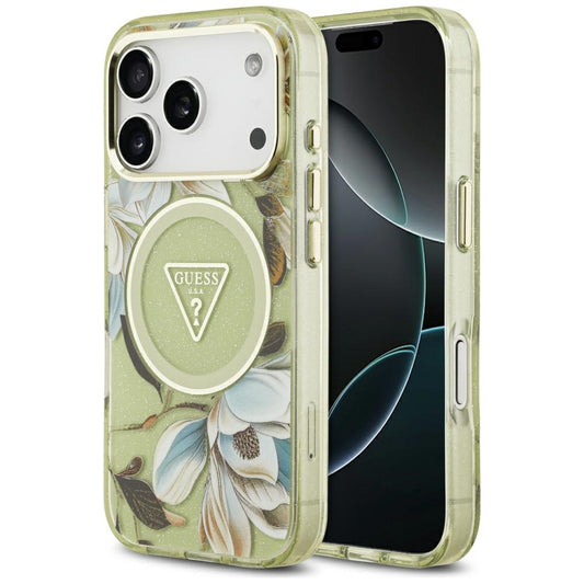 Pouzdro MagSafe pro Apple iPhone 17 Pro, Guess, IML Metal Glitter Flowers Triangle, Zelená