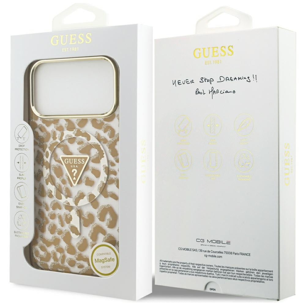 Pouzdro MagSafe pro Apple iPhone 17 Pro, Guess, Leopard Glitter, Hnědá