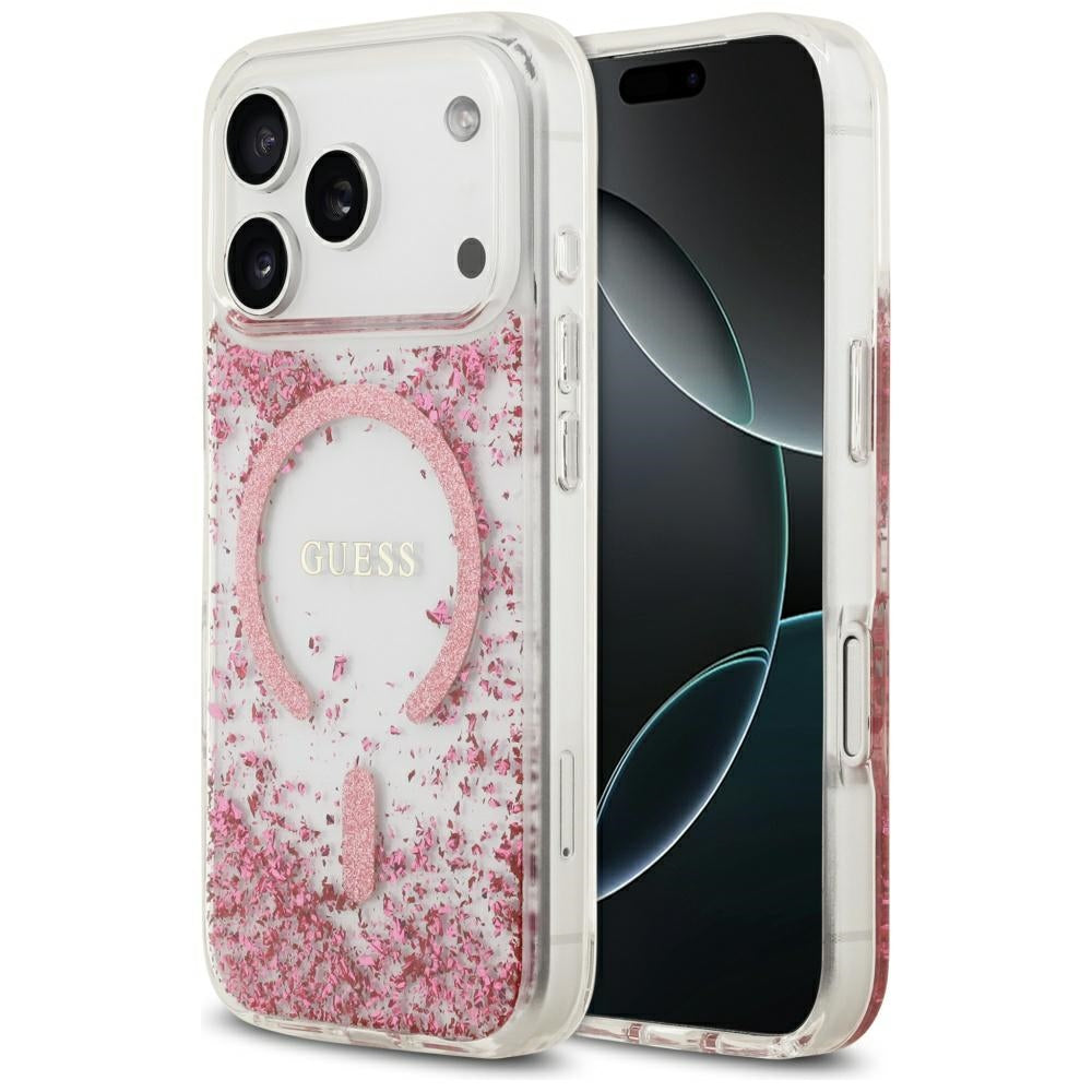 Pouzdro MagSafe pro Apple iPhone 17 Pro, Guess, Resin Bottom Glitter, Růžové