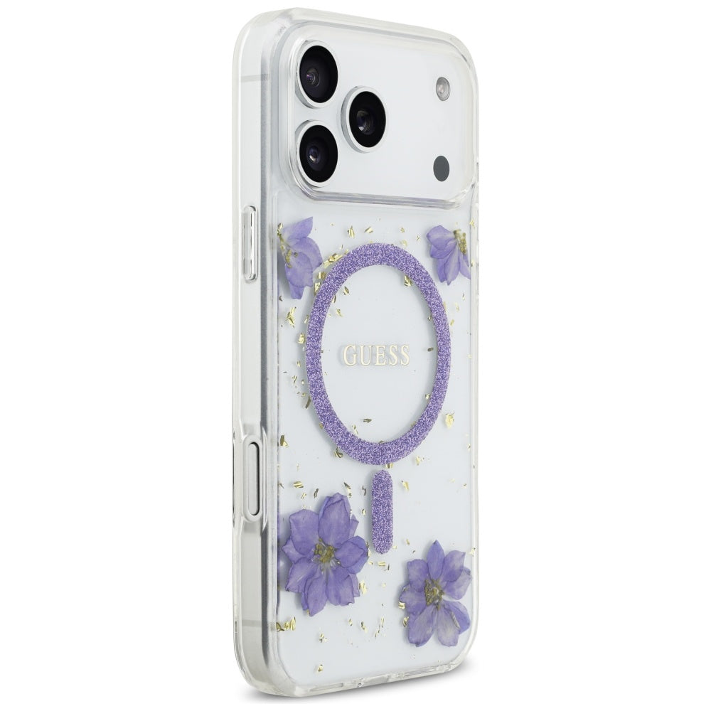Pouzdro MagSafe pro Apple iPhone 17 Pro, Guess, Resin Flowers and Glitter, Fialová