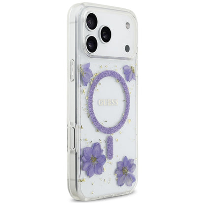 Pouzdro MagSafe pro Apple iPhone 17 Pro, Guess, Resin Flowers and Glitter, Fialová