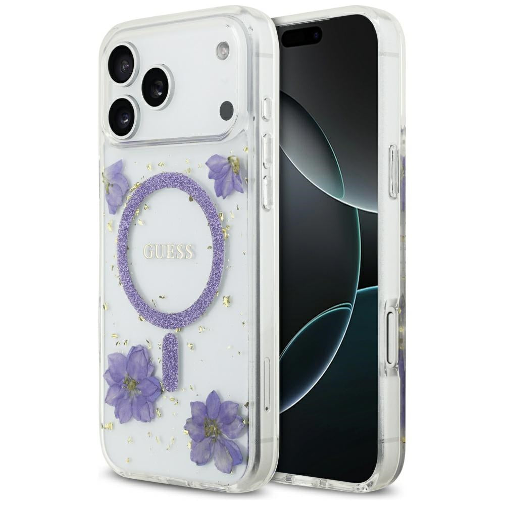 Pouzdro MagSafe pro Apple iPhone 17 Pro, Guess, Resin Flowers and Glitter, Fialová