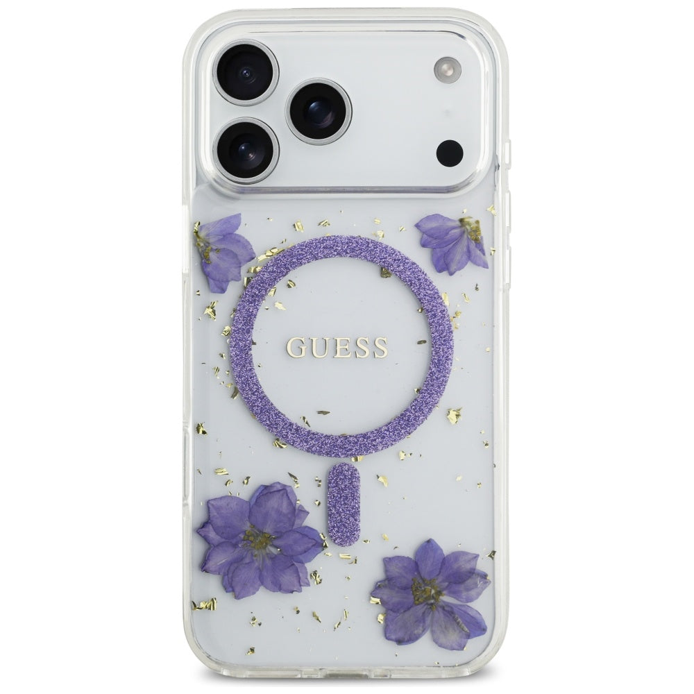 Pouzdro MagSafe pro Apple iPhone 17 Pro, Guess, Resin Flowers and Glitter, Fialová