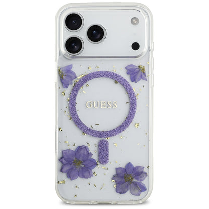 Pouzdro MagSafe pro Apple iPhone 17 Pro, Guess, Resin Flowers and Glitter, Fialová