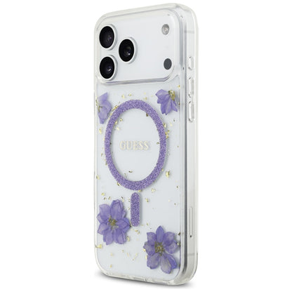 Pouzdro MagSafe pro Apple iPhone 17 Pro, Guess, Resin Flowers and Glitter, Fialová