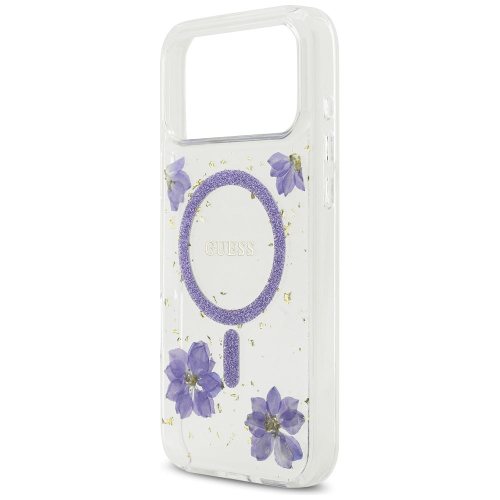 Pouzdro MagSafe pro Apple iPhone 17 Pro, Guess, Resin Flowers and Glitter, Fialová