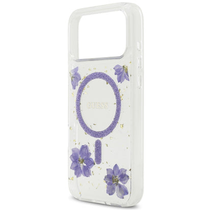 Pouzdro MagSafe pro Apple iPhone 17 Pro, Guess, Resin Flowers and Glitter, Fialová