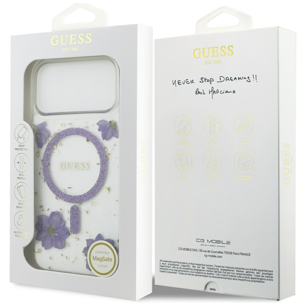 Pouzdro MagSafe pro Apple iPhone 17 Pro, Guess, Resin Flowers and Glitter, Fialová
