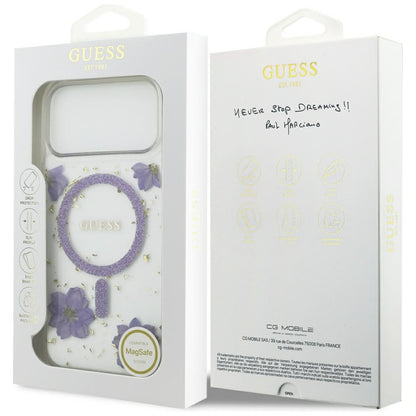 Pouzdro MagSafe pro Apple iPhone 17 Pro, Guess, Resin Flowers and Glitter, Fialová