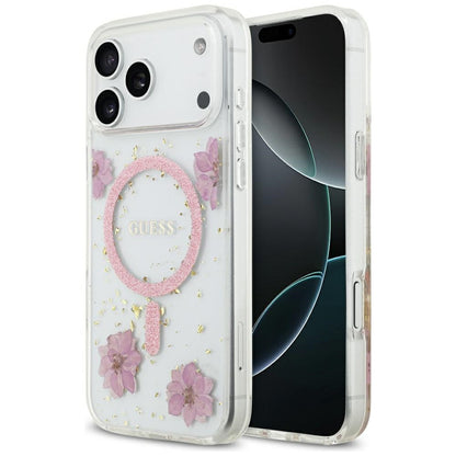 Pouzdro MagSafe pro Apple iPhone 17 Pro, Guess, Resin Flowers and Glitter, Růžové