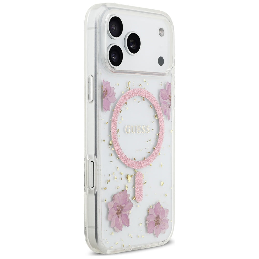 Pouzdro MagSafe pro Apple iPhone 17 Pro, Guess, Resin Flowers and Glitter, Růžové