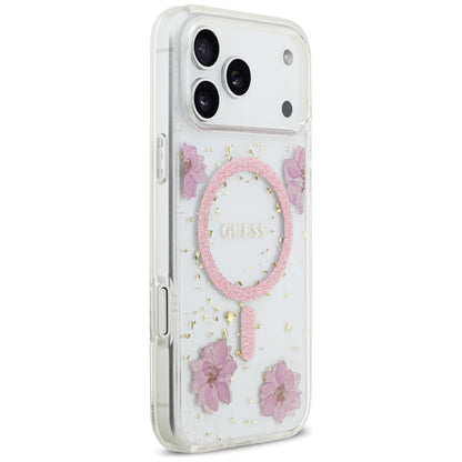 Pouzdro MagSafe pro Apple iPhone 17 Pro, Guess, Resin Flowers and Glitter, Růžové