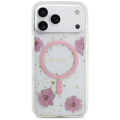 Pouzdro MagSafe pro Apple iPhone 17 Pro, Guess, Resin Flowers and Glitter, Růžové
