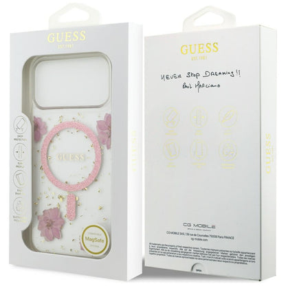 Pouzdro MagSafe pro Apple iPhone 17 Pro, Guess, Resin Flowers and Glitter, Růžové