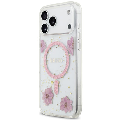 Pouzdro MagSafe pro Apple iPhone 17 Pro, Guess, Resin Flowers and Glitter, Růžové