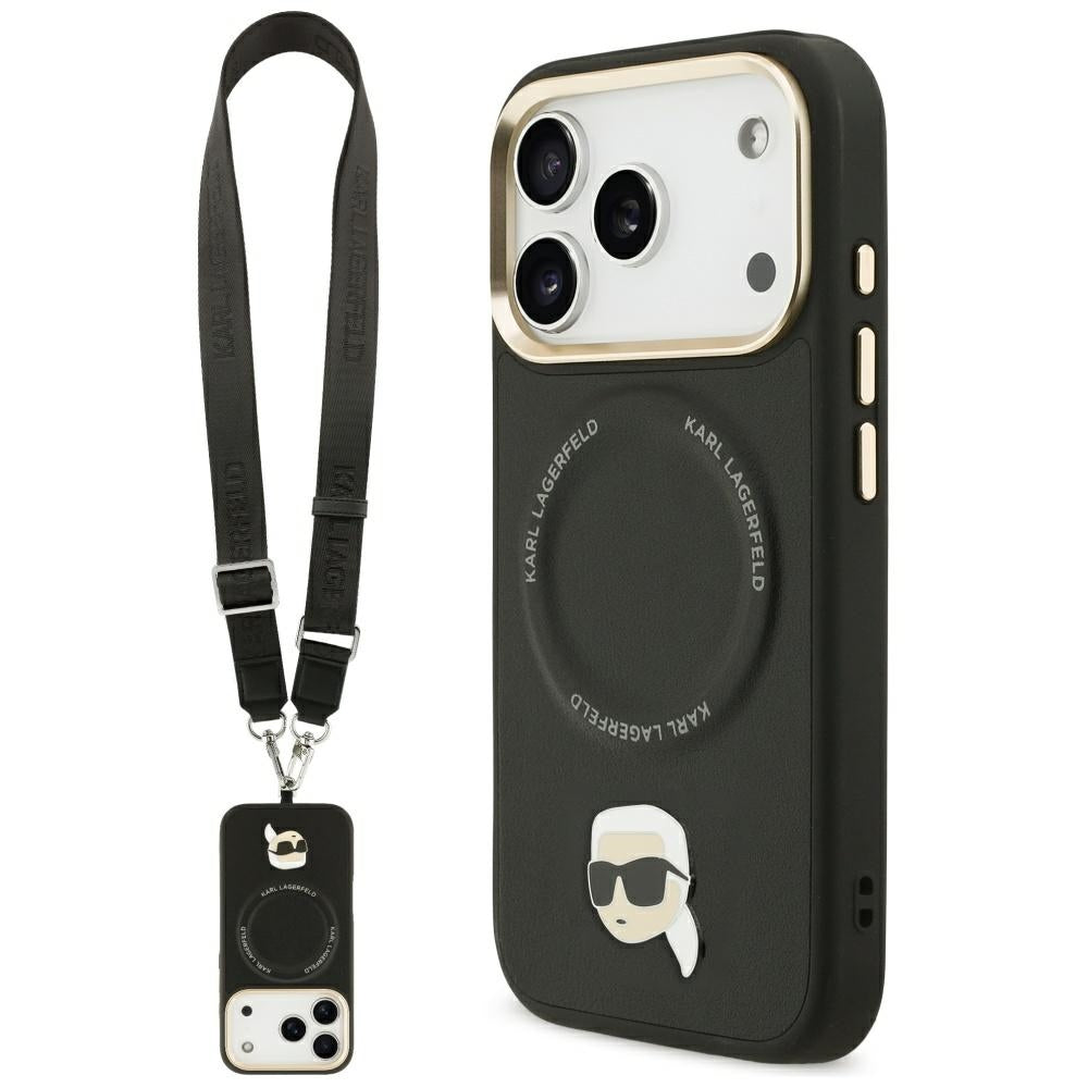 Pouzdro MagSafe pro Apple iPhone 17 Pro, Karl Lagerfeld, Big Strap Karl Metal Logo, Černá