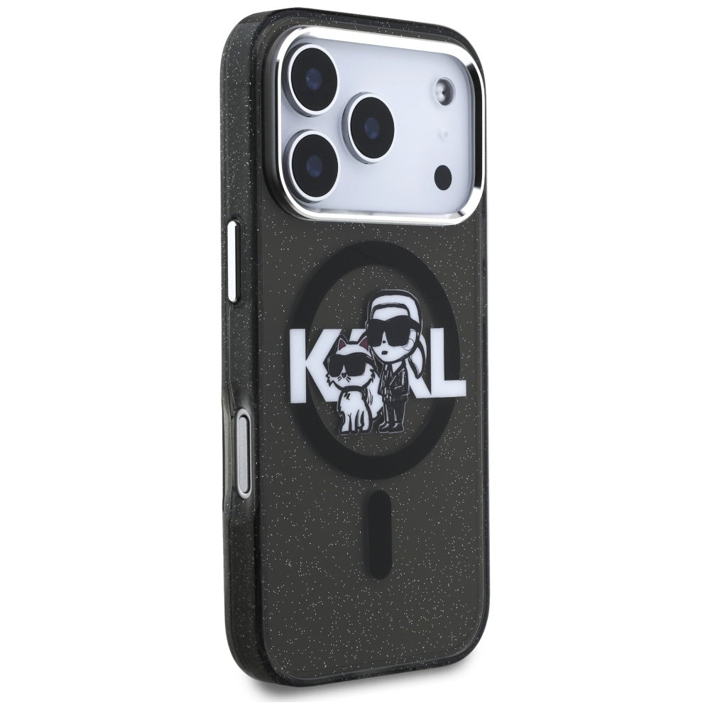 MagSafe Case for Apple iPhone 17 Pro, Karl Lagerfeld, IML Sketch Logo Glitter Karl & Choupette, Black