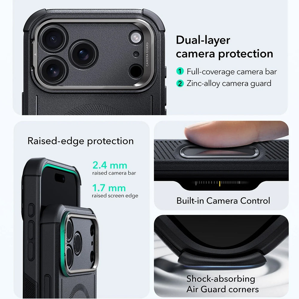 Pouzdro MagSafe pro Apple iPhone 17 Pro Max, ESR, Cyber Armor Kickstand, Černé