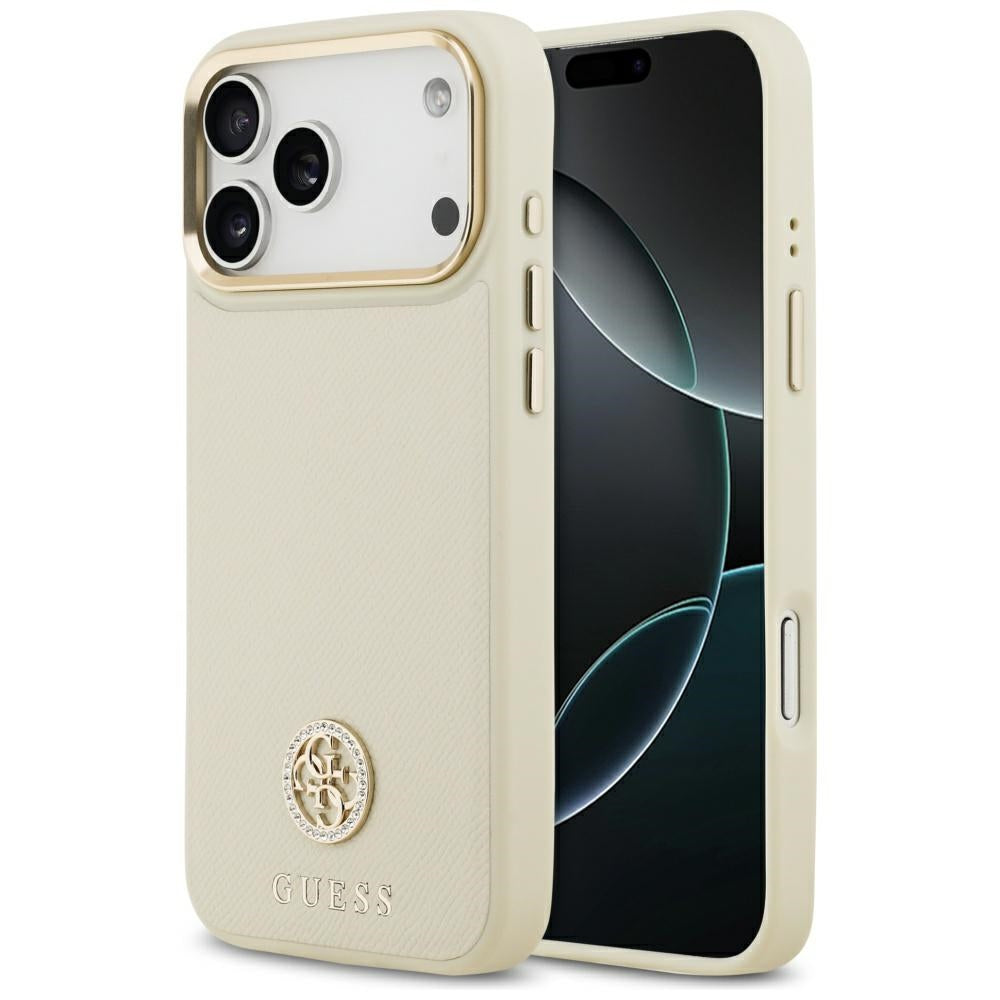 Pouzdro MagSafe pro Apple iPhone 17 Pro Max, Guess, Grained Strass Logo, Bežové