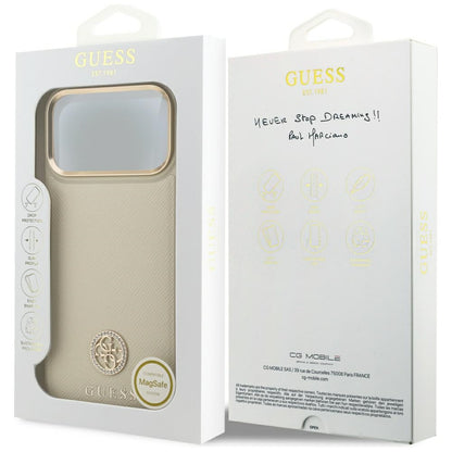 Pouzdro MagSafe pro Apple iPhone 17 Pro Max, Guess, Grained Strass Logo, Bežové