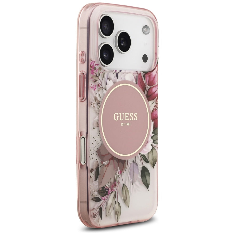 Pouzdro MagSafe pro Apple iPhone 17 Pro Max, Guess, IML Flower & Tonal Circle, Růžové