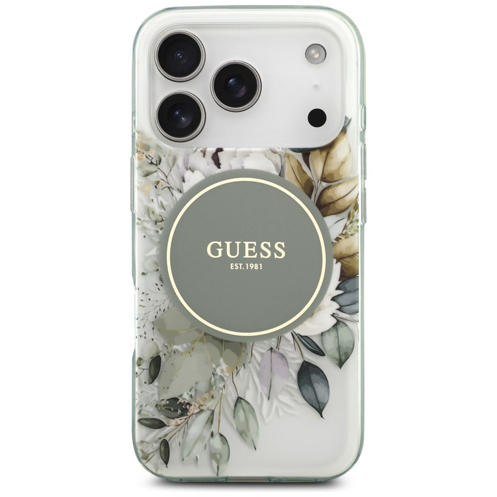 Pouzdro MagSafe pro Apple iPhone 17 Pro Max, Guess, IML Flower & Tonal Circle, Zelená